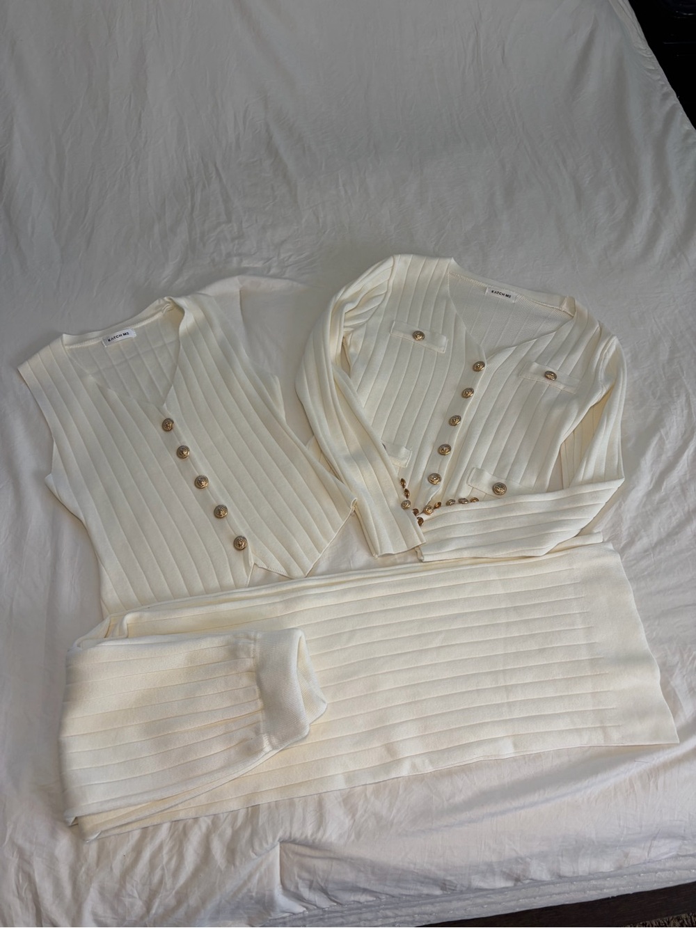 Cream Ribbed Button Cardigan Set with Gold-Tone Buttons